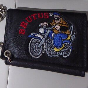 Brutus on motorcycle leather trifold wallet with chain